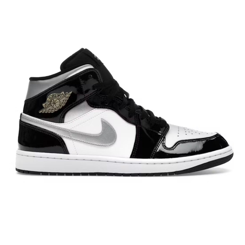Jordan 1 Mid Patent Black White Metallic Gold